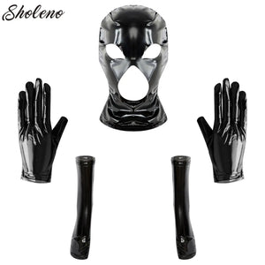 Unisex Latex Hood Mask Head Cover Gloves and Socks Set Open Eyes Mouth Full Face Mask for Lingerie Night Club Cosplay Party Prop