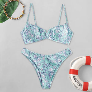 Flower Print High Cut V Neck Two Pieces Swimsuit Women Plus Size Swimwear Swimsuit Beachwear Swimwear Women Plus купальник