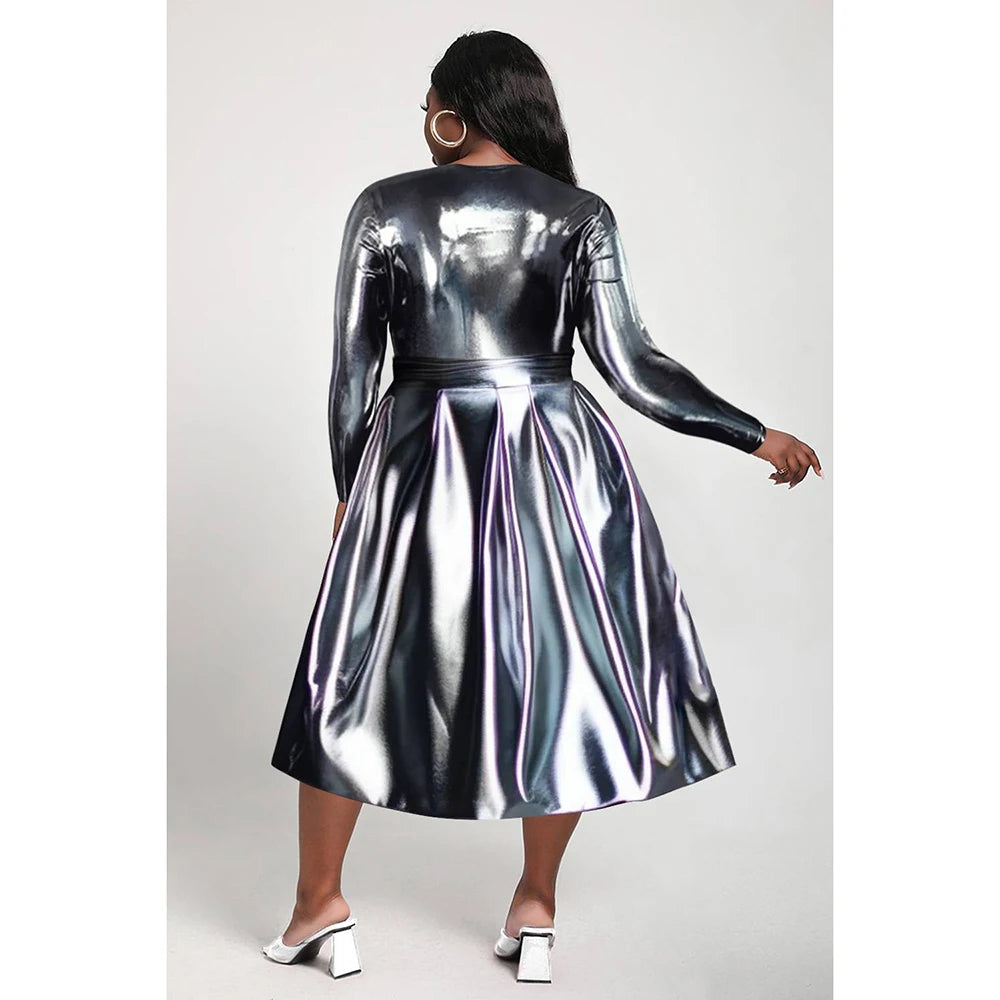 Plus Size Daily Midi Dresses Casual Silver Fall Winter Crew Neck Long Sleeve Glitter Fabric Midi Dresses Plus Size Daily Midi Dresses Casual Silver Fall Winter Crew Neck Long Sleeve Glitter Fabric Midi Dresses