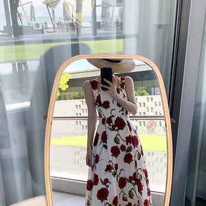 Women's Summer Elegant Floral Print Rose Strap Midi Dress Sleeveless Casual Beach Party Sundress Female Fashion A-Line Vestidos