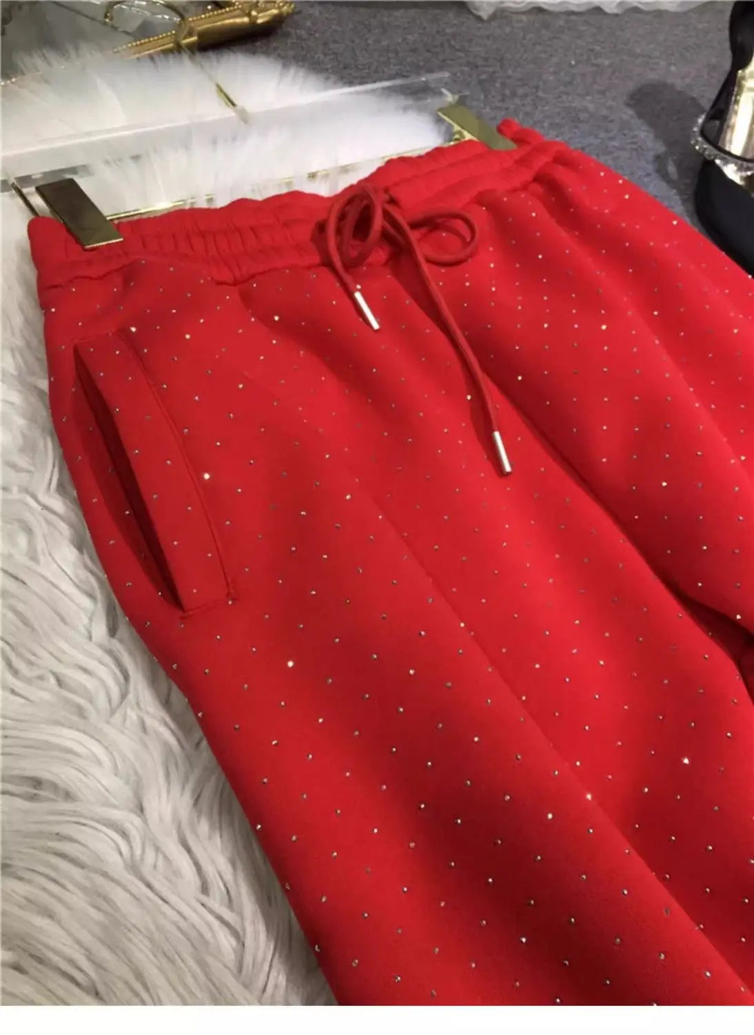 Plus Size L-4XL 150KG Women's Fleece Sweatpants 2024 New Red Diamond Stamping Harem Pants Autumn/winter Casual Female Trousers