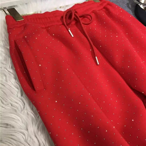 Plus Size L-4XL 150KG Women's Fleece Sweatpants 2024 New Red Diamond Stamping Harem Pants Autumn/winter Casual Female Trousers