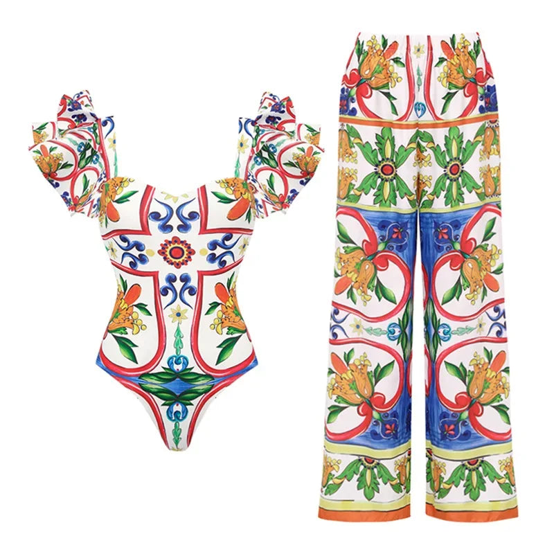 Retro Bikini Printed Fashion Two Piece Swimsuit And Cover Up With Pants Tight Women's Bandage Summer Beach Luxury Elegant