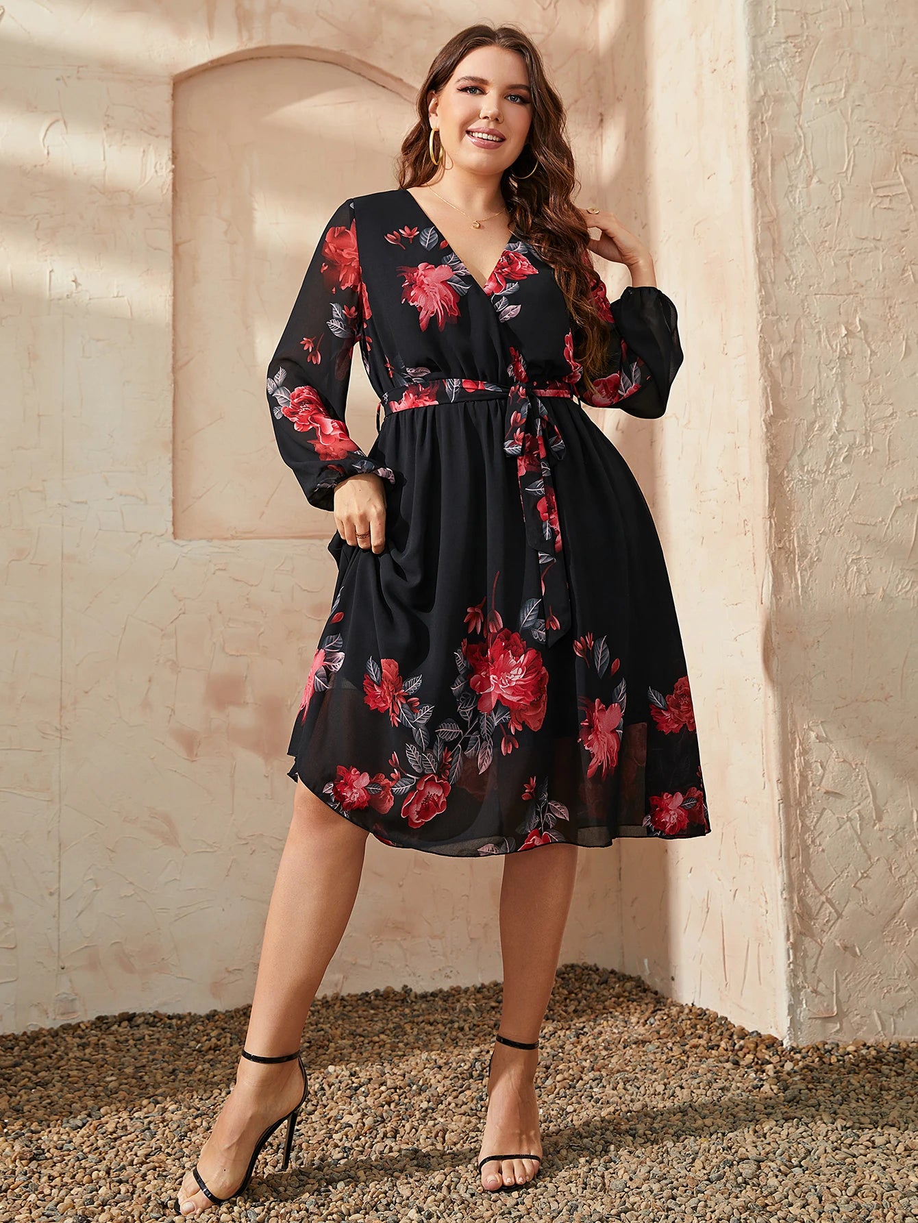 Chic Plus Size Floral Print V Neck Midi Belted Dress Women Casual Clothing Black Long Sleeve Party Elegant Vintage Dresses