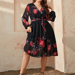 Chic Plus Size Floral Print V Neck Midi Belted Dress Women Casual Clothing Black Long Sleeve Party Elegant Vintage Dresses