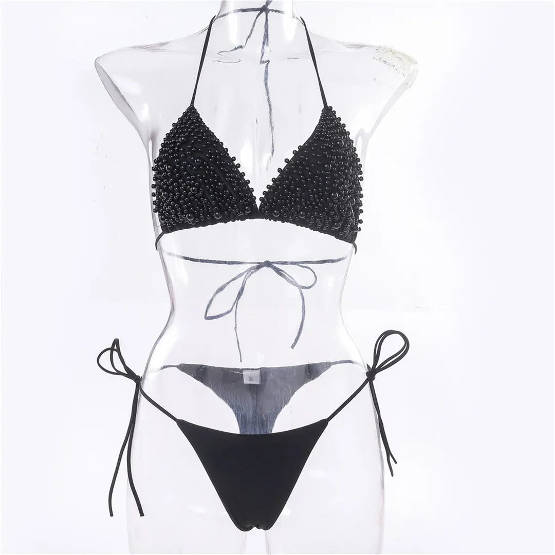 Sexy Halter Mini Bikini Female Swimsuit Women Swimwear Two-pieces Bikini set Luxury Pearl Bather Bathing Suit Swim Lady V2090