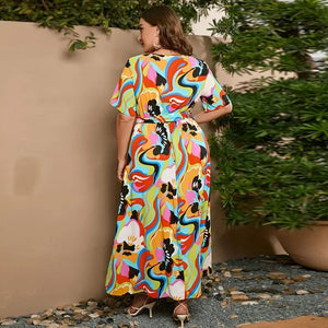 plus size New best-selling oversized loose V-neck dress for women with elastic waist  short sleeved printed long skirt