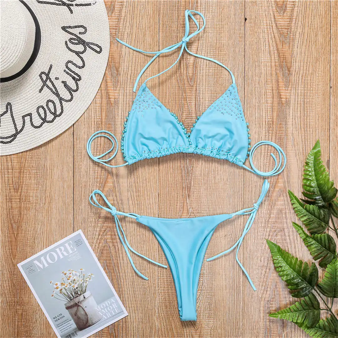 Sexy Halter Mini Bikini Female Swimsuit Women Swimwear Two-pieces Bikini set Luxury Pearl Bather Bathing Suit Swim Lady V2090