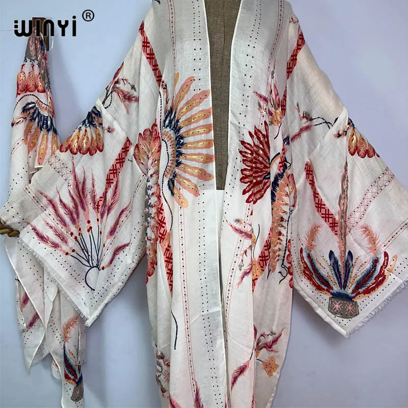 WINYI Bohemian bronzing print Bikini Cover-ups Elegant Self Belted Kimono Dress Women Summer holiday Dress Beach Wear Cover up