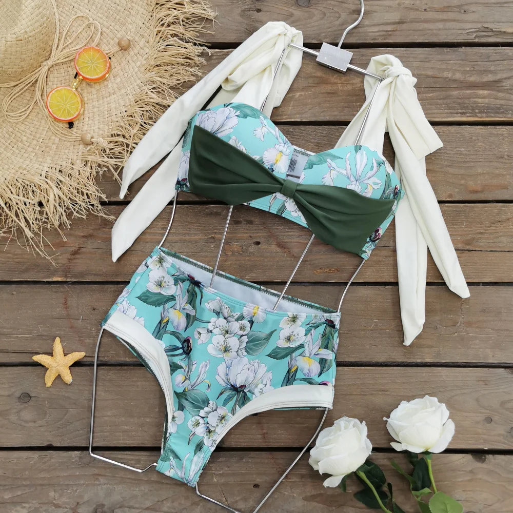 2023 New Arrival Push Up Women Bikini Set Floral Printed Ruffle Bikinis Strappy Bandage Swimwear Brazilian Biquini Bathing Suit