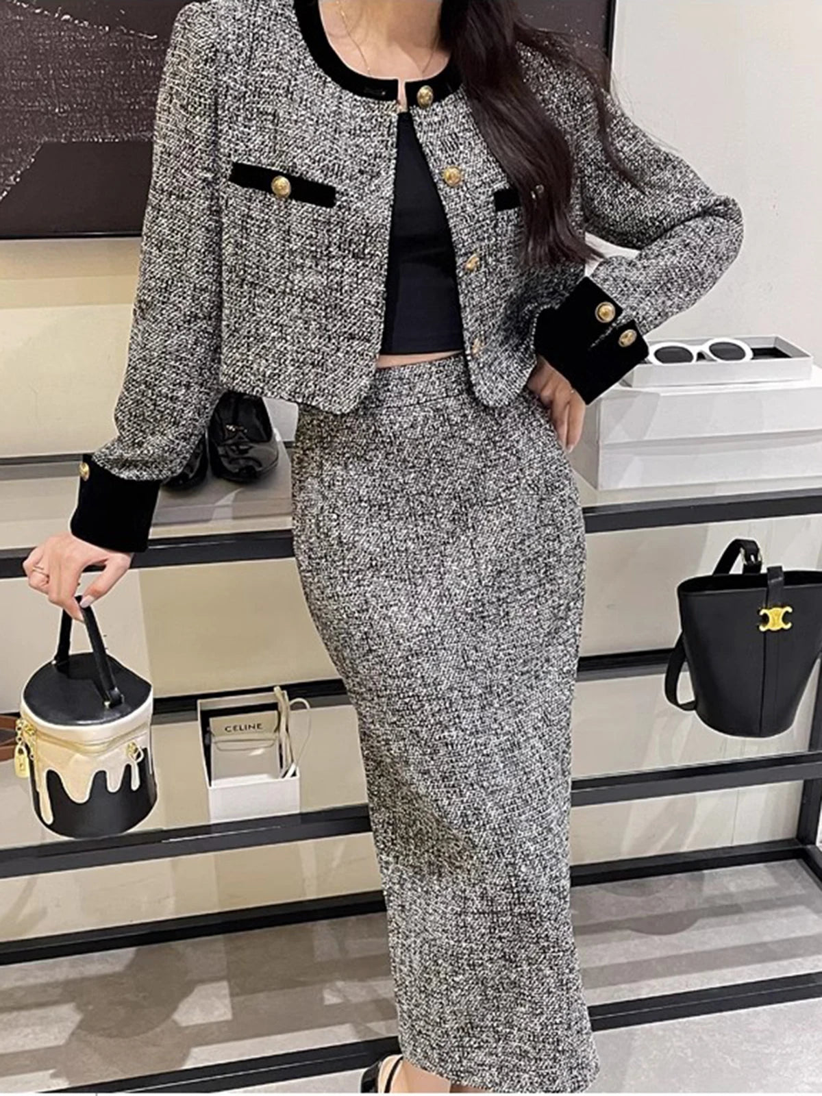 Women’s Trendy Tweed Two-Piece Set Vintage Chic Single Breasted Cropped Blazer Jacket+Long Skirt Suit Small Fragrant Outfits