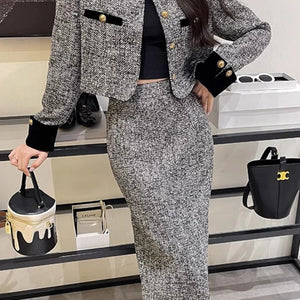 Women’s Trendy Tweed Two-Piece Set Vintage Chic Single Breasted Cropped Blazer Jacket+Long Skirt Suit Small Fragrant Outfits