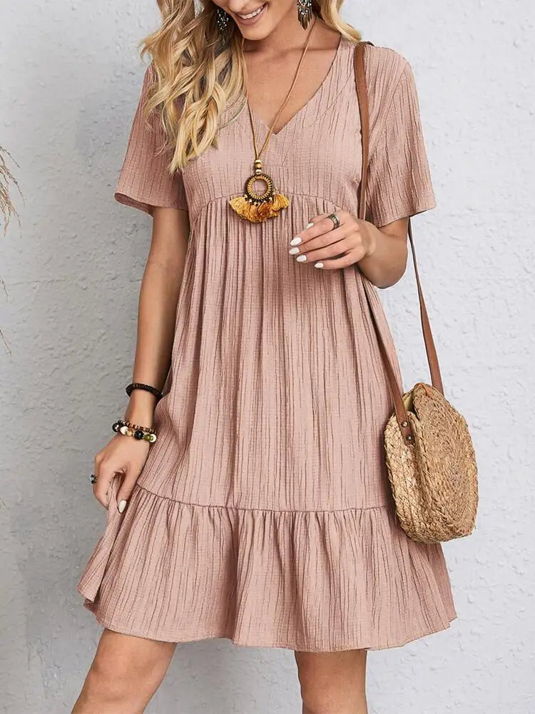 Vintage Solid Elegant Women Dress 2023 Summer Fashion Casual V-Neck High Waist A-Line Mini Dresses Lady Short Sleeve Party Dress