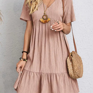 Vintage Solid Elegant Women Dress 2023 Summer Fashion Casual V-Neck High Waist A-Line Mini Dresses Lady Short Sleeve Party Dress