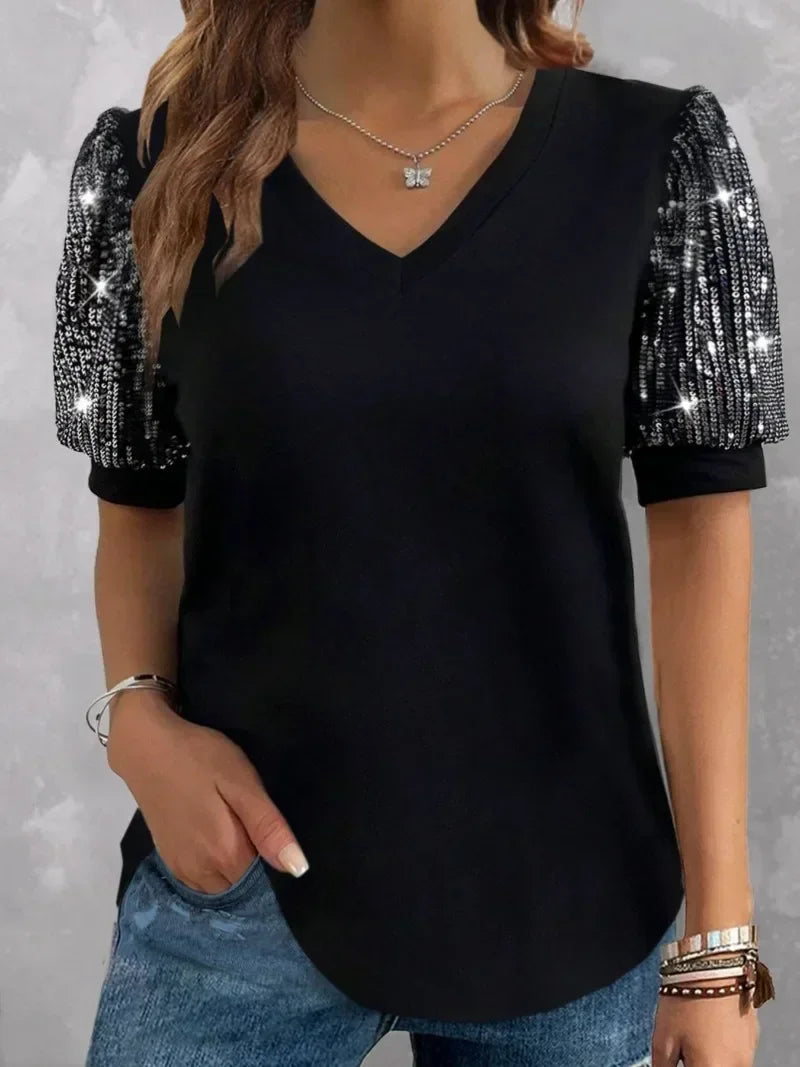 Plus Size 1XL-5XL Women's Color Blocking Sequin T-shirt Summer Lantern Sleeve V-neck Casual Top