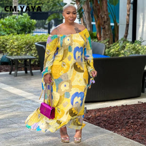 CM.YAYA Plus Size Women Floral Abstract Off Shoulder Long Sleeve Straight Loose Maxi Long Dress 2023 Summer Curve Fashion Dress