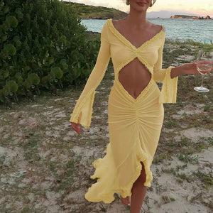 Nsauye Sexy Dress Summer Beach Women Long Sleeve Mesh Ruched Ruffles Maxi Wrap Cut Out Party Club Fashion Elegant Dress 2024