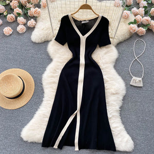 Vintage Elegant Short Sleeve Stretch Knit Slim Dress French Fashion Casual Vestidos A-line Basic Autumn Winter Sweater Dresses