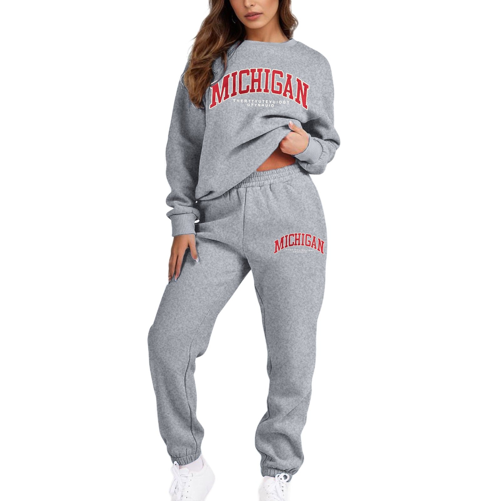 Women'S Two Piece Sweatsuit Long Sleeve Crew Neck Tracksuit Jogger Pants Set With Pockets Printed Loose Sports Sweatshirt