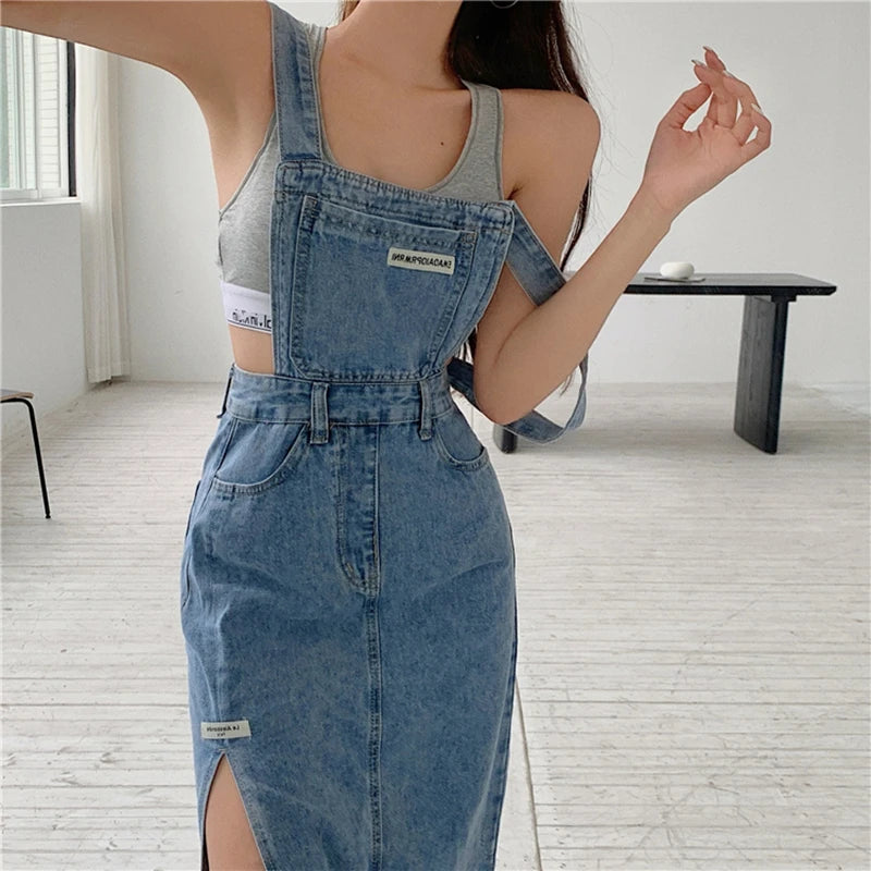 Sleeveless Women Denim Suspender Dress Spring New Midi Skirt Blue Korean Fashion Polo Collar Streetwear Female Braces Slit Dress