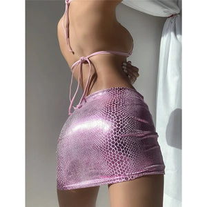 Sexy With Skirt Shiny Snake Skin Bikini Women Swimwear Female Swimsuit Three-pieces Bikini set Bather Bathing Suit Swim K4237