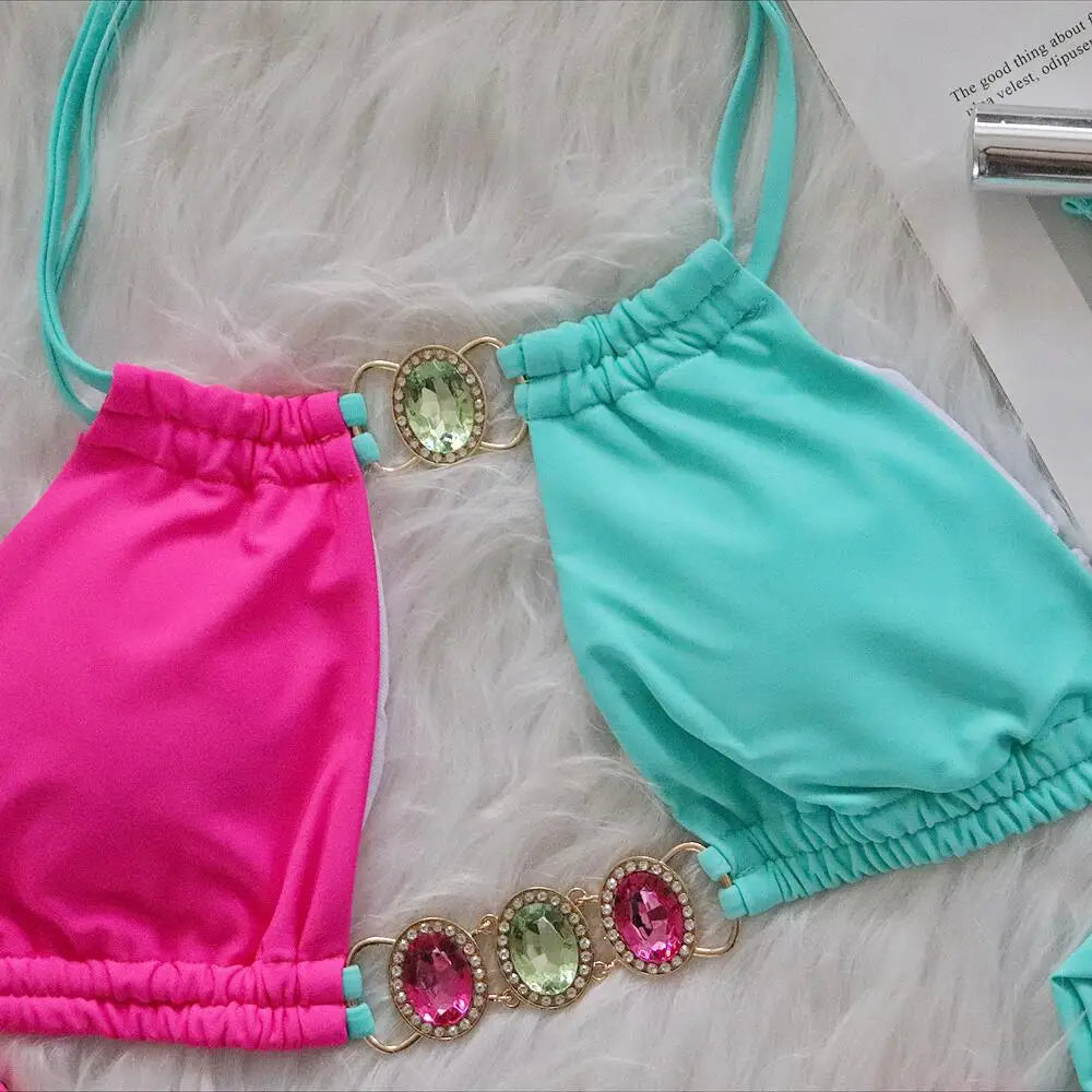 Pink Sexy Bikinis Swimsuit With Rhinestones Women Swimwear Female Push Up Bikini Beach Swim Wear Bathing Suits Pool Bather 2024