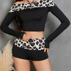 Women’s Casual 2 Piece Outfits Off Shoulder Leopard Print Crop Tops Shorts Set Clubwear