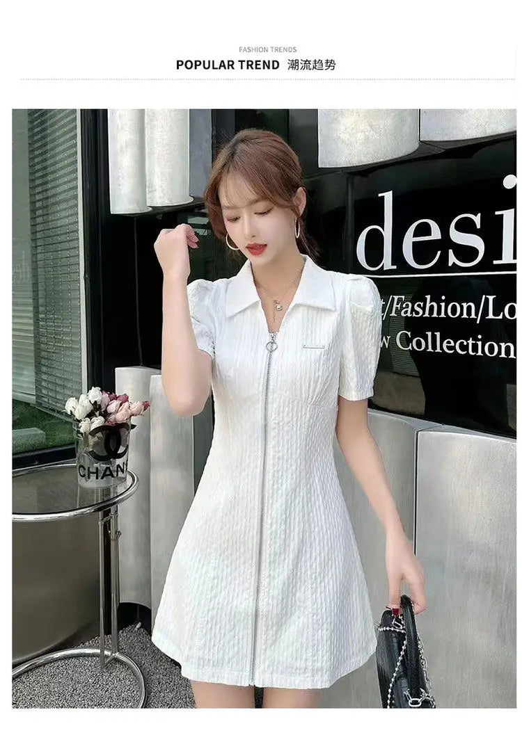 Summer Fashion Retro French Style Black White Chic Elegant Dresses for Women Casual Zipper Short Sleeve Slim Midi Dress Vestidos