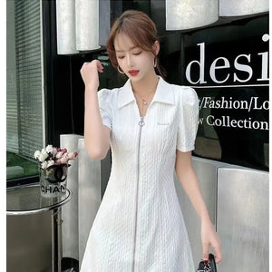 Summer Fashion Retro French Style Black White Chic Elegant Dresses for Women Casual Zipper Short Sleeve Slim Midi Dress Vestidos