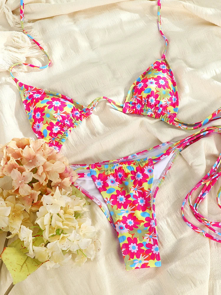 Sexy Bikinis Micro Thongs Swimsuit Women Bathing Suit Rings Biquini Bandage Beachwear Print Swimwear Sexy Bikini Sets With Chain