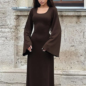 Tossy Scoop Neck Lace-Up Ribbed Maxi Dress Female Long Sleeve Fashion Slim Loose Bandage Dress Autumn 2023 Solid Women Dress New