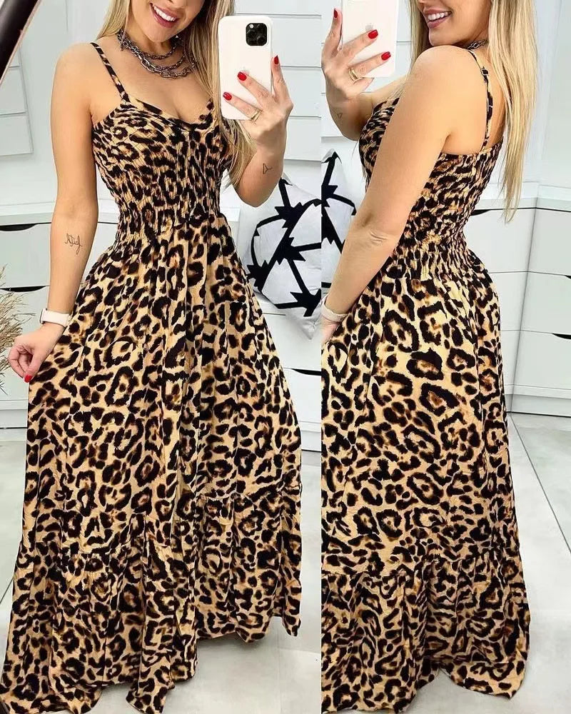 Summer new leopard print camisole V-neck dress high waisted skirt sexy temperament  long skirt women's clothing plus size