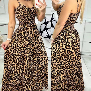 Summer new leopard print camisole V-neck dress high waisted skirt sexy temperament  long skirt women's clothing plus size