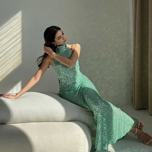 Green Sexy Luxury Shiny Sequins Lace Slip Long Dress Women Fashion High Split Backless Evening Robes Ladies Midnight Y2k Dress