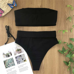 Sexy Bandeau Strapless Bikini High Waist Swimsuit Women Swimwear Bikini set Black Bather High Waist Bathing Suit Swim V1798S