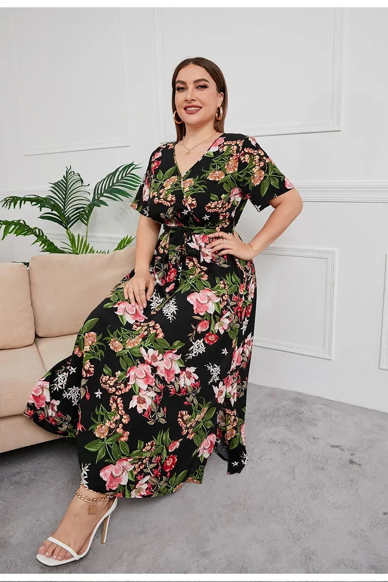 plus size New best-selling oversized loose V-neck dress for women with elastic waist  short sleeved printed long skirt