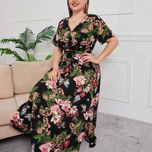 plus size New best-selling oversized loose V-neck dress for women with elastic waist  short sleeved printed long skirt