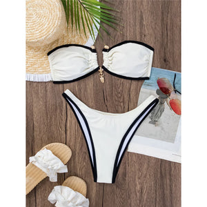 Bandeau Splicing Metal Ring Brazilian Bikini Women Swimwear Female Swimsuit Two-pieces Bikini set Bather Bathing Suit Swim V5651