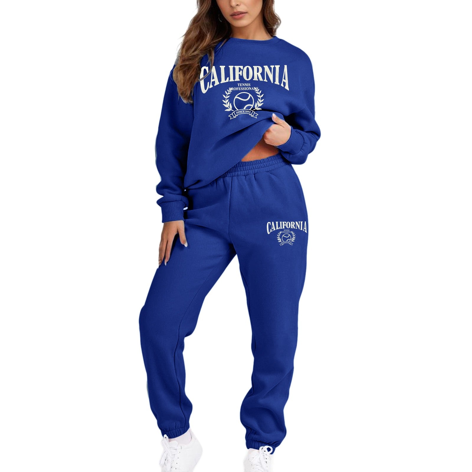 Women'S Two Piece Sweatsuit Long Sleeve Crew Neck Tracksuit Jogger Pants Set With Pockets Printed Loose Sports Sweatshirt