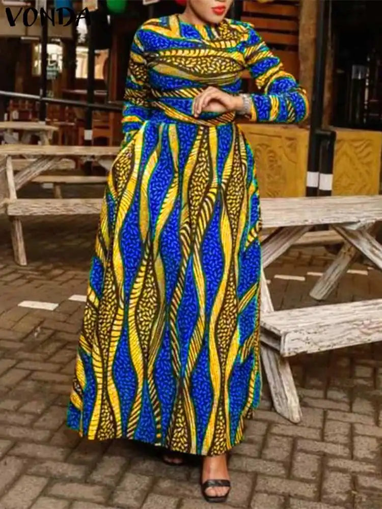 Plus Size 5XL VONDA Maxi Dress 2024 Oversized Women Bohemian Long Sleeve Vintage Printed Sundress Autumn Casual Loose Vestidos