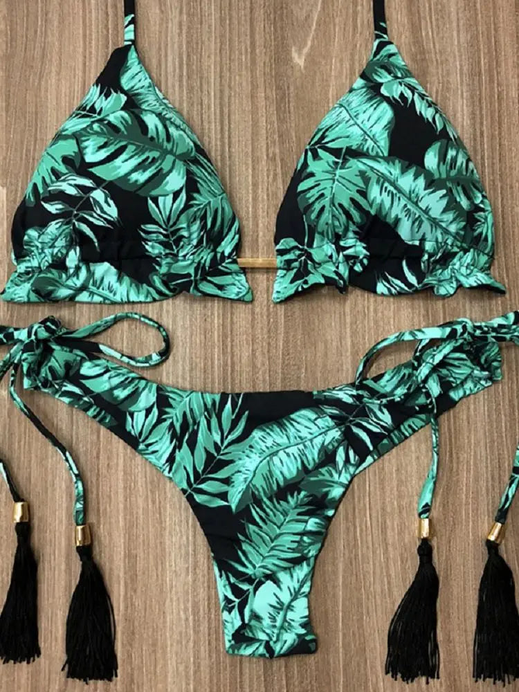 2019 Sexy Halter Swimsuit Women Thong Micro Bikini String Padded Swimwear Brazilian Bikini Bandage Tropical Plant Print Swimsuit