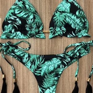 2019 Sexy Halter Swimsuit Women Thong Micro Bikini String Padded Swimwear Brazilian Bikini Bandage Tropical Plant Print Swimsuit