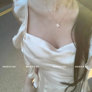 Elegant Satin Mini Dress Women Fairy Party Prom Spaghetti Strap One Pieces Dresses Summer Ladies Vintage Korean Bodycon Vestidos