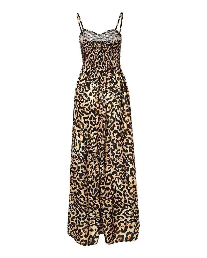 Summer new leopard print camisole V-neck dress high waisted skirt sexy temperament  long skirt women's clothing plus size