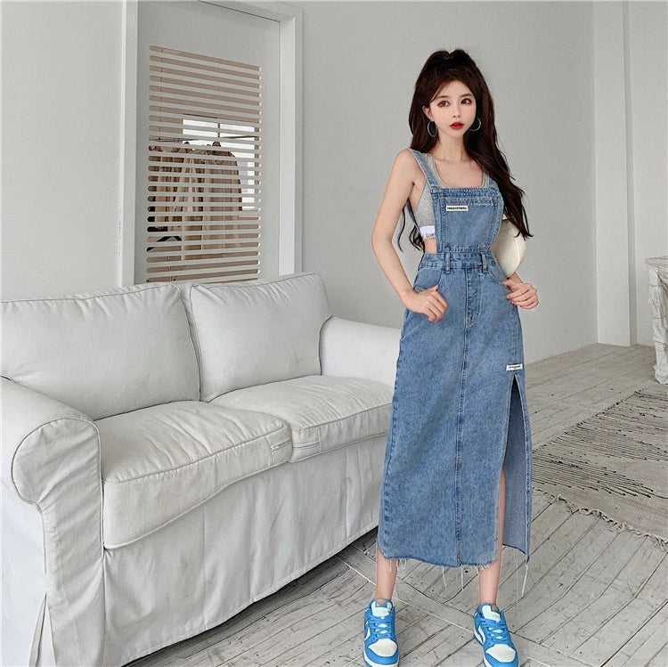 Sleeveless Women Denim Suspender Dress Spring New Midi Skirt Blue Korean Fashion Polo Collar Streetwear Female Braces Slit Dress