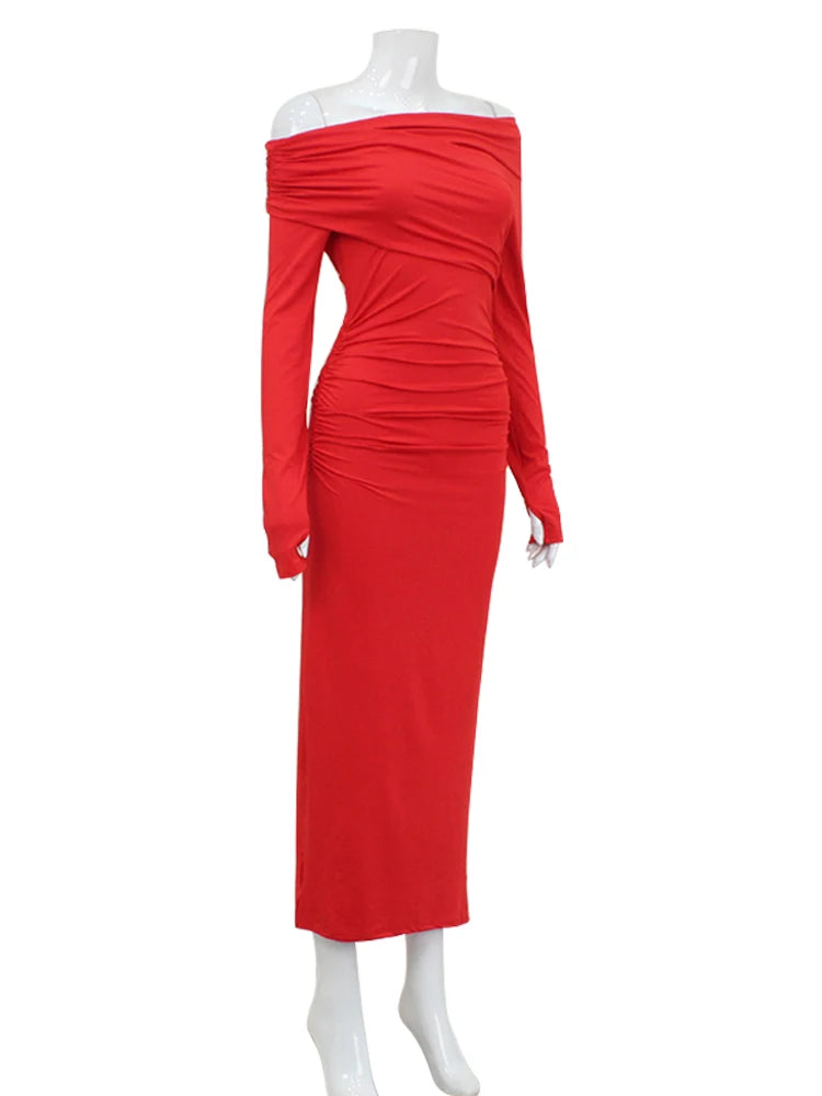 CNYISHE Red Strapless Sexy Club Women Dresses Slash Neck Long Sleeve Sheath Outfits Fashion Slim Bodycon Female Vestidos Robes