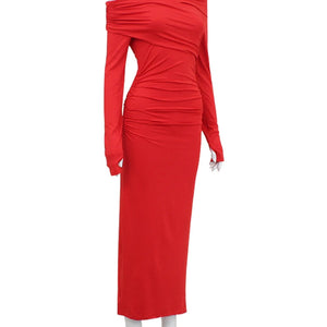 CNYISHE Red Strapless Sexy Club Women Dresses Slash Neck Long Sleeve Sheath Outfits Fashion Slim Bodycon Female Vestidos Robes