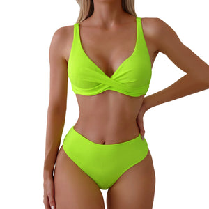 Women's Cross Bandage Bikinis Sets Sexy Push-Up Tankini Swimsuits High Waist Solid Color Swimwears 2024 Maillot De Bain Femme