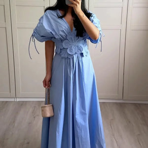 Summer Women 3d Flower Flods Dress Elegant Loose V Neck High Waist Pleated Vestidos Fashion Office Lady Party Date Robes 2024