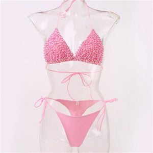 Sexy Halter Mini Bikini Female Swimsuit Women Swimwear Two-pieces Bikini set Luxury Pearl Bather Bathing Suit Swim Lady V2090